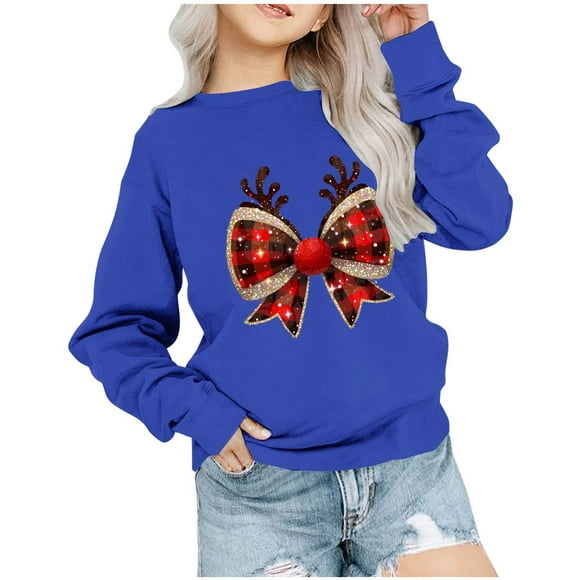2025 Kid's Christmas Sweatshirt Crewneck Pullover Sweater Long Sleeve Shirt Fall Clothes Printed Top T-Shirt for Boys and Girls Sweatshirts 1-12Y Blue