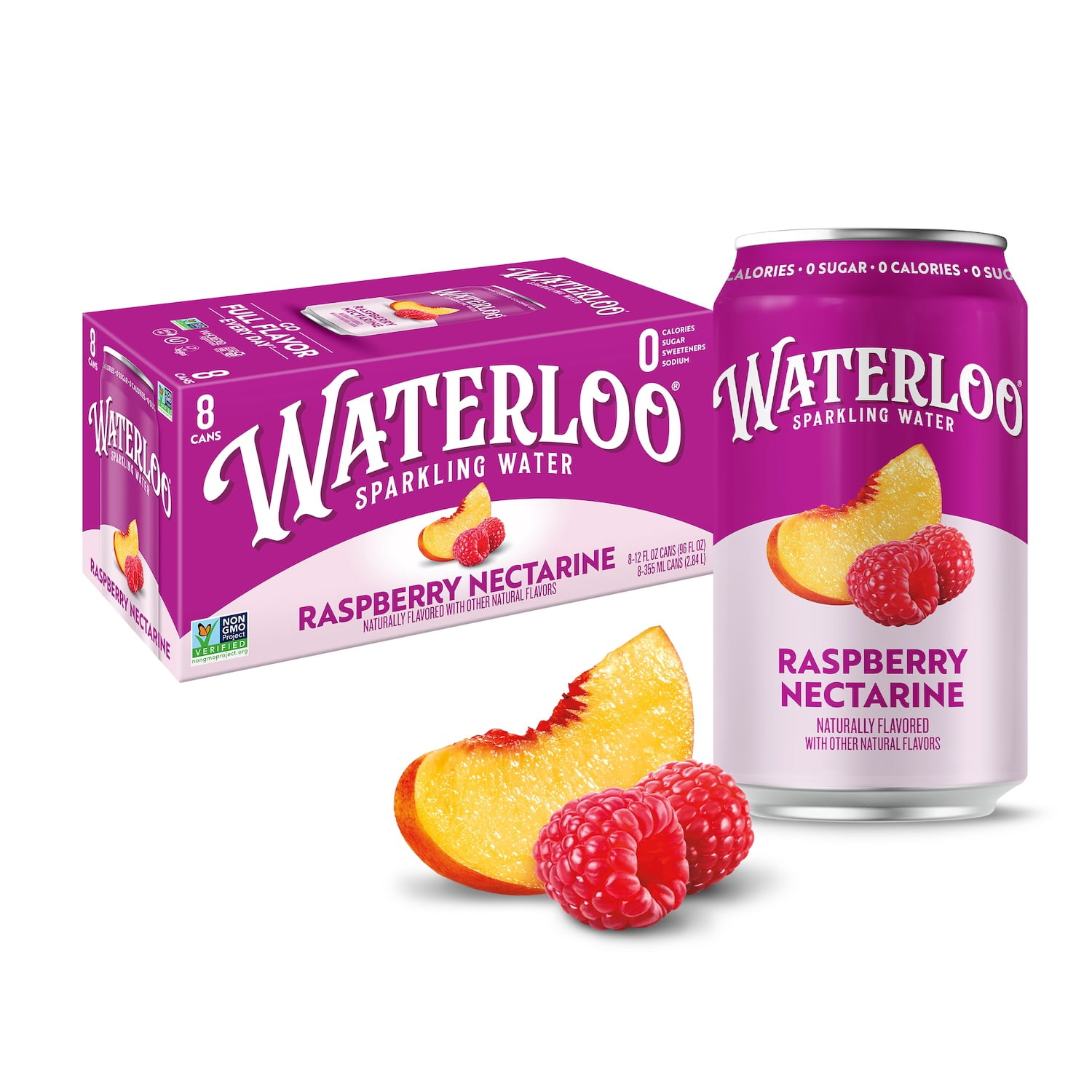(3 pack) Waterloo Sparkling Water, Raspberry Nectarine, 12 fl oz, 8 pack cans