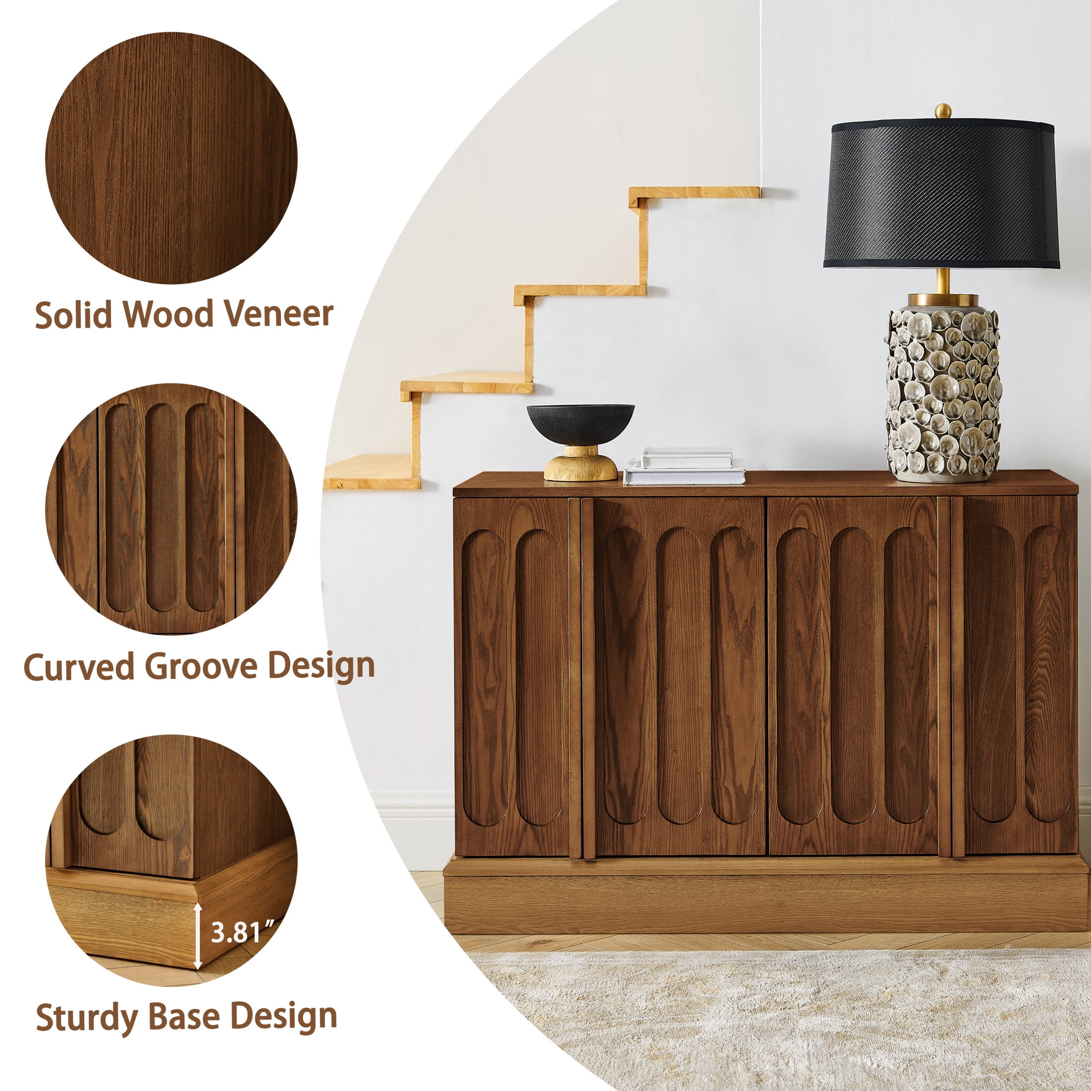 GDF Studio 44.8" Mid Century Modern Fluted Sideboard Cabinet with Adjustable Shelves, Walnut+Natural