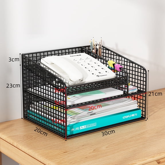 HONMEET Metal Desk Organizer with Phone Stand, 3-Tier Black Document and Paper Sorter for Office and Home Use