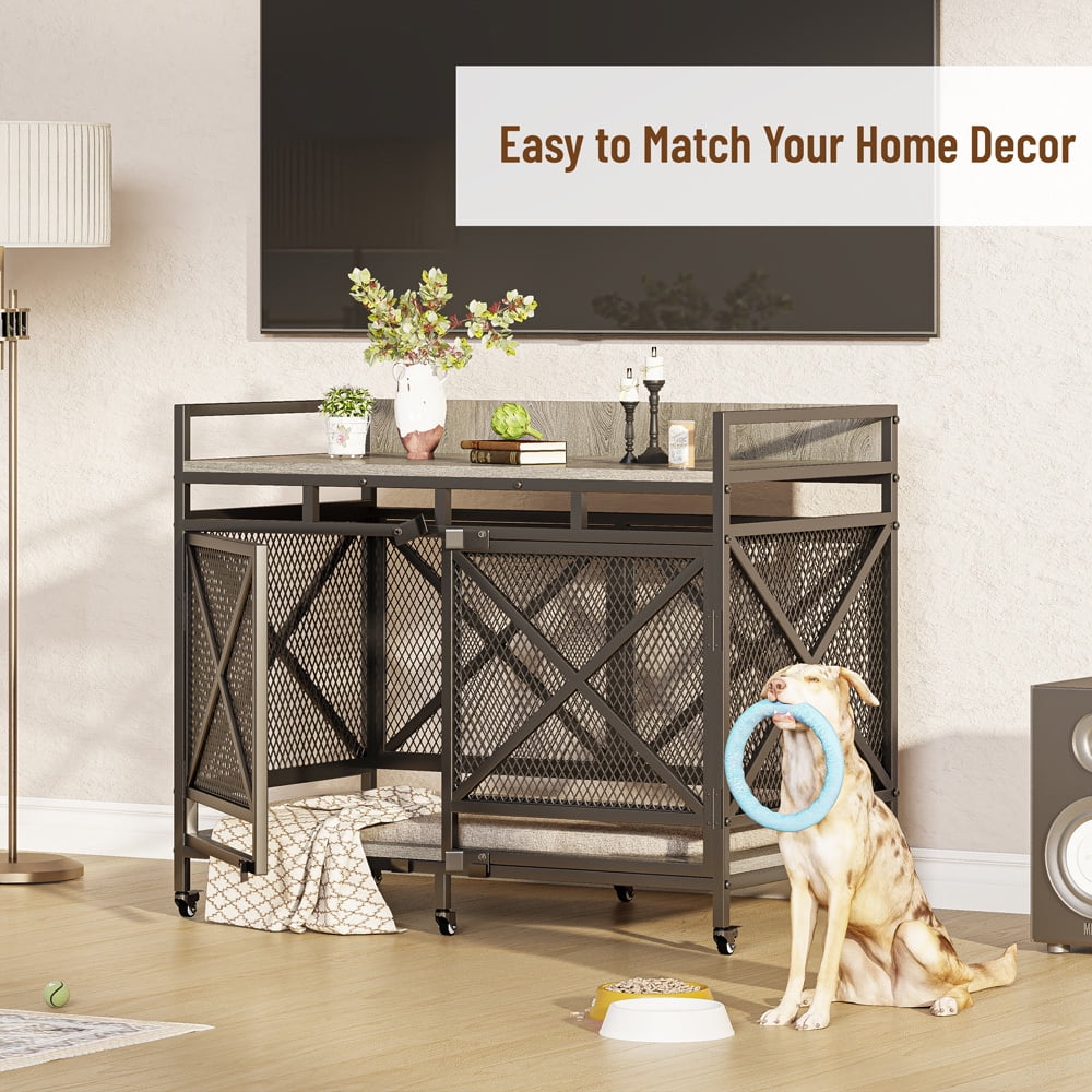 48 inch Dog Crate Furniture for Large Breeds (Up to 90 lb), Wooden & Steel, 360° Casters, Waterproof Top, Steel Lock,Textured Gray