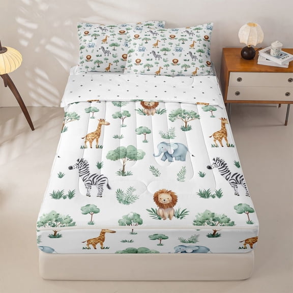 Homewish Cartoon Animal Zipper Twin Comforter Sets with Fitted Sheet and 2 Pillowcases for Boys, Lion Zebra Zipper Bedding Set, Reversible, 4pcs