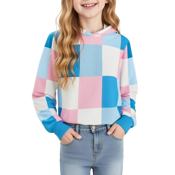 Wlynlyn Girls Crop Hoodies Teen Casual Long Sleeve Checkered Hooded Sweatshirts Kids Plaid Pullover Cute Fall Winter Outfits(14-15 Years,Sky Blue)