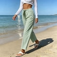 thumbnail image 3 of Women's Cotton Blend Striped Straight Leg Pants, Elastic Drawstring Waist, Side Pockets, Relaxed Fit, 3 of 8