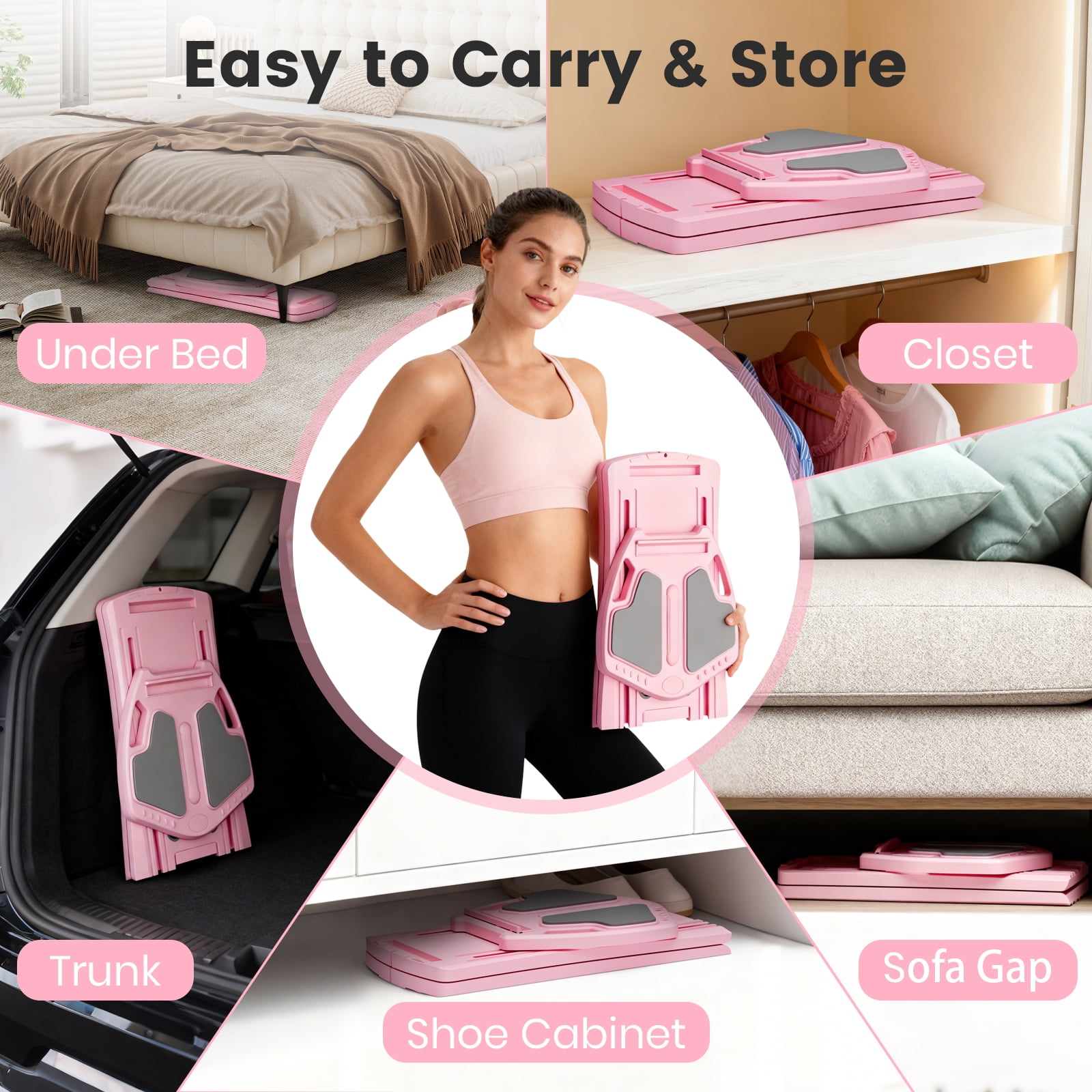 RICAN Pilates Board, Foldable Pilates Abdominal Board for Core Strength Training, Multi-Purpose 7 in 1 Pilates Reformer Machine for Women Workout, Exercise, Fitness, Abs, Pink