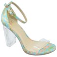 thumbnail image 1 of Delicious Women Thick Block Chunky Clear Perspex High Heels Ankle Strap Open Peep Toe with Transparent Clear Strap Embroidery Stitch Print SHANA-S Turquoise Light Blue 9, 1 of 3