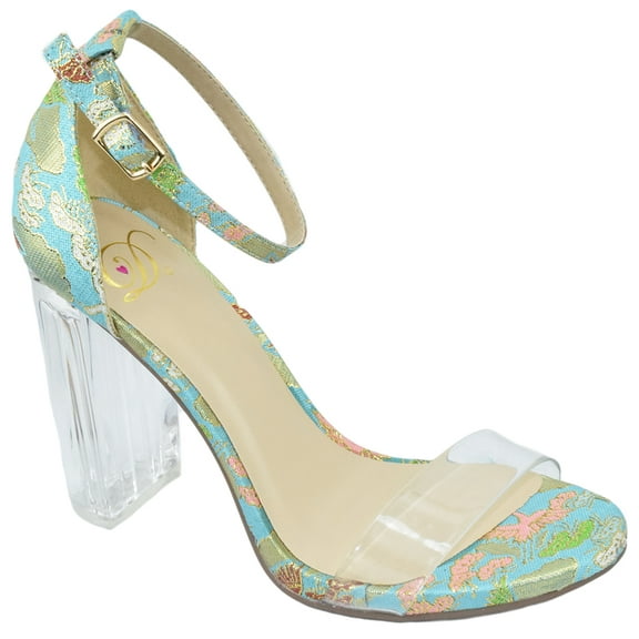 Delicious Women Thick Block Chunky Clear Perspex High Heels Ankle Strap Open Peep Toe with Transparent Clear Strap Embroidery Stitch Print SHANA-S Turquoise Light Blue 9