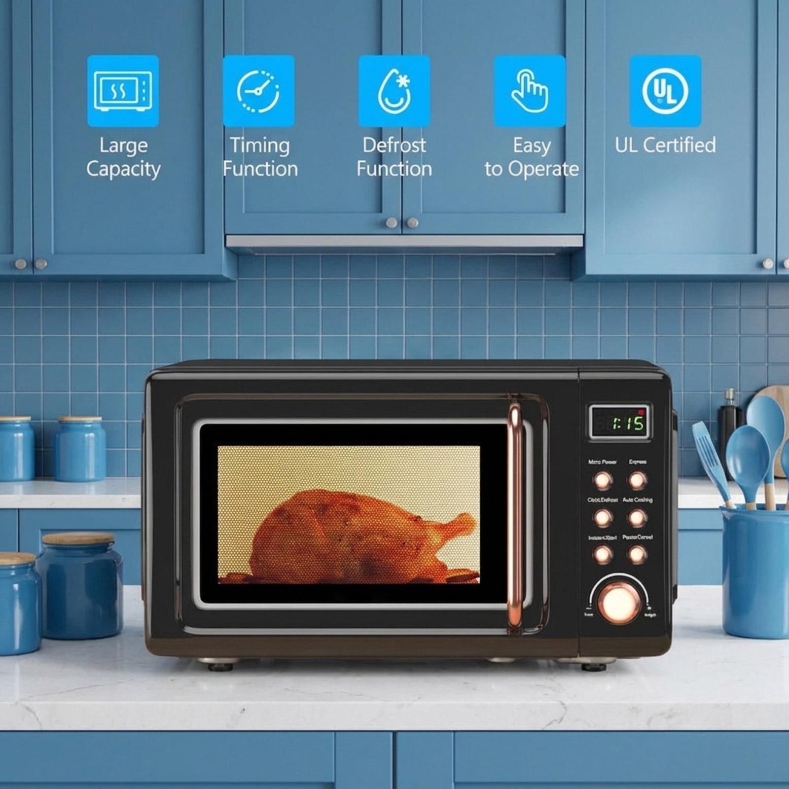 RUIE Retro Microwave Oven,700W 0.7 Cu.ft Countertop Microwave with 5 Power Levels and 8 Auto Cook Menus,LED Display,Child Lock,Compact Microwave for Apartment Dorm Office