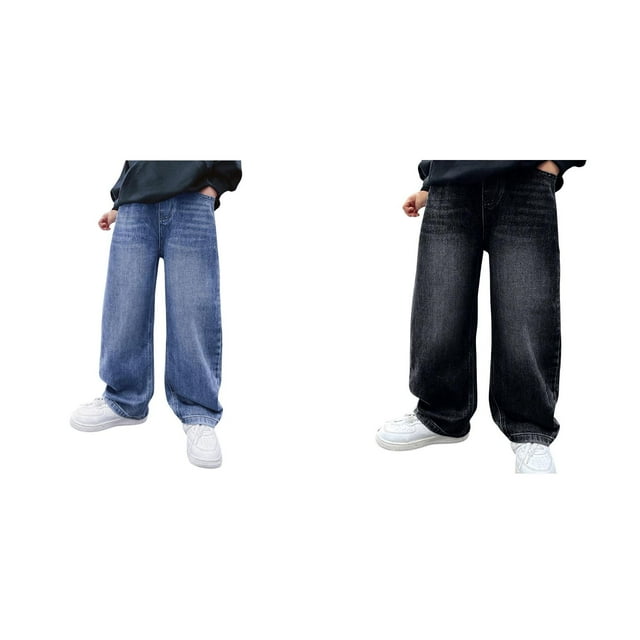(2-Pack) Rinsvye Boys New 2025 Wide Leg Denim Jeans Spring Stylish Look Durable Fabric Comfort Fit Ages 4 To 12 Years Classic Denim Style Versatile Wardrobe Staple
