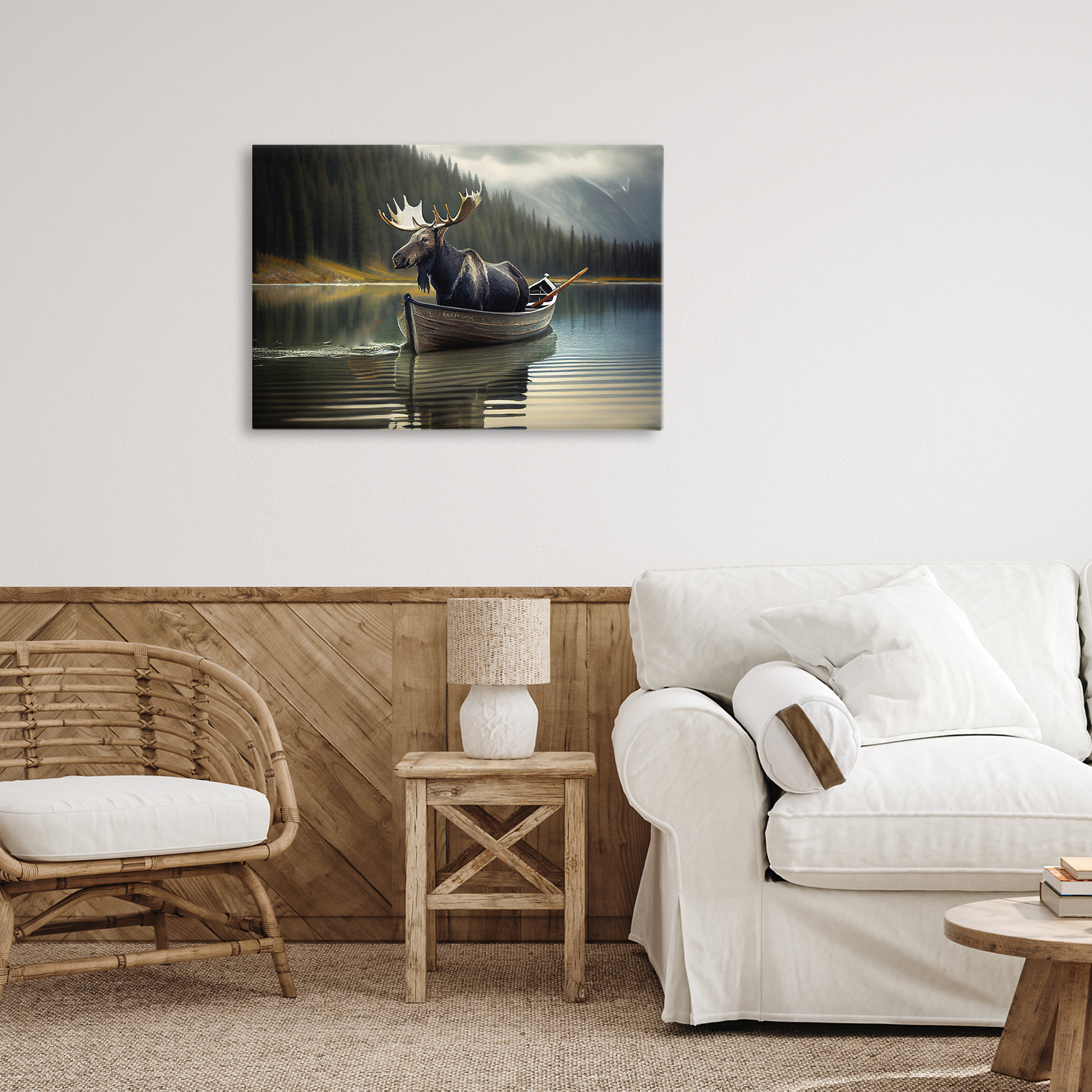 Moose in Canoe Tranquility Canvas Wall Art, design by Sasha