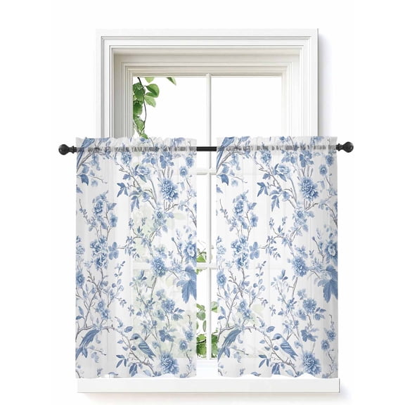 Blue White Spring Floral Curtains 54 Inch Length, Sheer Curtains for Bedroom Living Room Window Summer Botanical Birds Rod Pocket Voile Drapes Kitchen Curtains Small Half Window 52"x54" 2 Panels