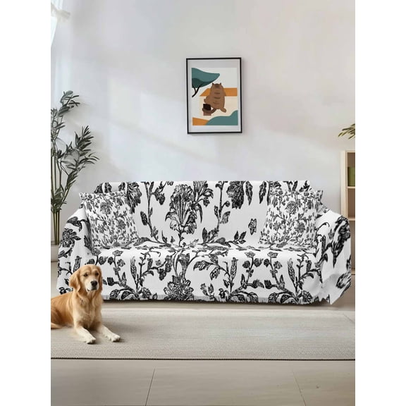 Black Flower Sofa Covers for 2-3 Cushion Couch L-Shaped Sectional, Vintage Farmhouse Boho Leaf Spring Plant Washable Sofa Covers Slipcover for Living Room Furniture, Couch Cover Blanket 71"x134"