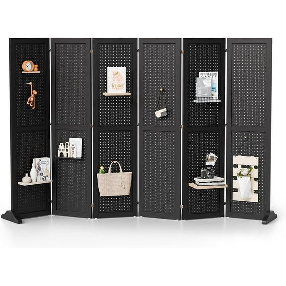 Bonnlo 4/6 Panel Pegboard Freestanding, 5 FT Portable Display Board Organizer for Craft Show Jewelry, Wooden Folding Privacy Screen Room Divider (Black, 6 Panel with Base)