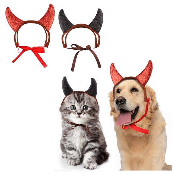 2 Pcs Halloween Horns Pet Headband, Glitter Red & Black Adjustable TieâOn Pet Horn Halloween Accessory, Cosplay DressâUp Headdress for Cats Small Medium Dogs Halloween Party Photo Prop
