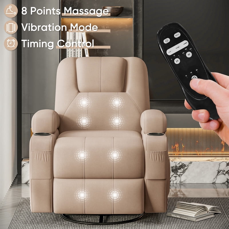 Vineego 360° Swivel Recliner Oversized Massage Rocking Chair Nursery Chair Power Living Room Furniture With Two Cup Holder,Beige