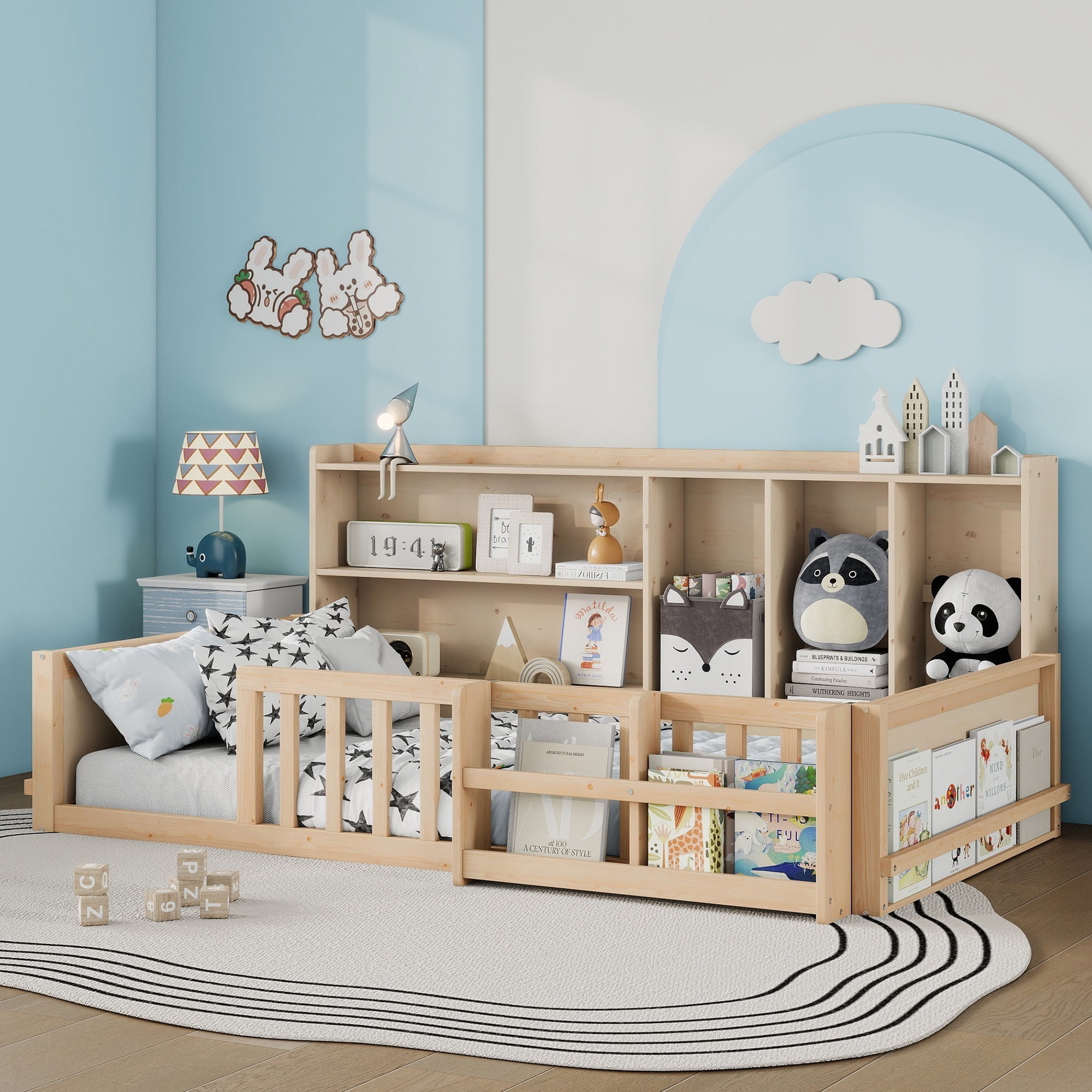 Mintazer Twin Size Montessori Floor Bed with Bookshelf & Guardrails, Kids Platform Bed Frame with Storage Cubbies for Bedroom, Natural