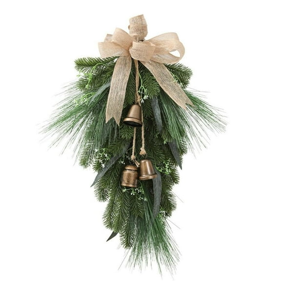 Christmas Swag with Bells and Bow, 20 Inch Norfolk Pine Teardrop Garland, Artificial Christmas Pine Needle Wreath for Front Door Outdoor Indoor Wall Xmas Home Decor