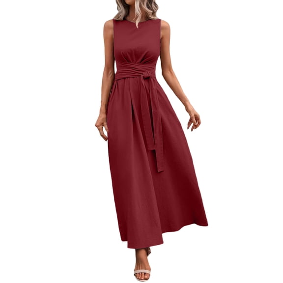 XuJwPNcy Dresses for Women Sleeveless Tie Front Aline Dress Round Neck Thin Maxi Dresses Ladies Summer Comfortable Clothes