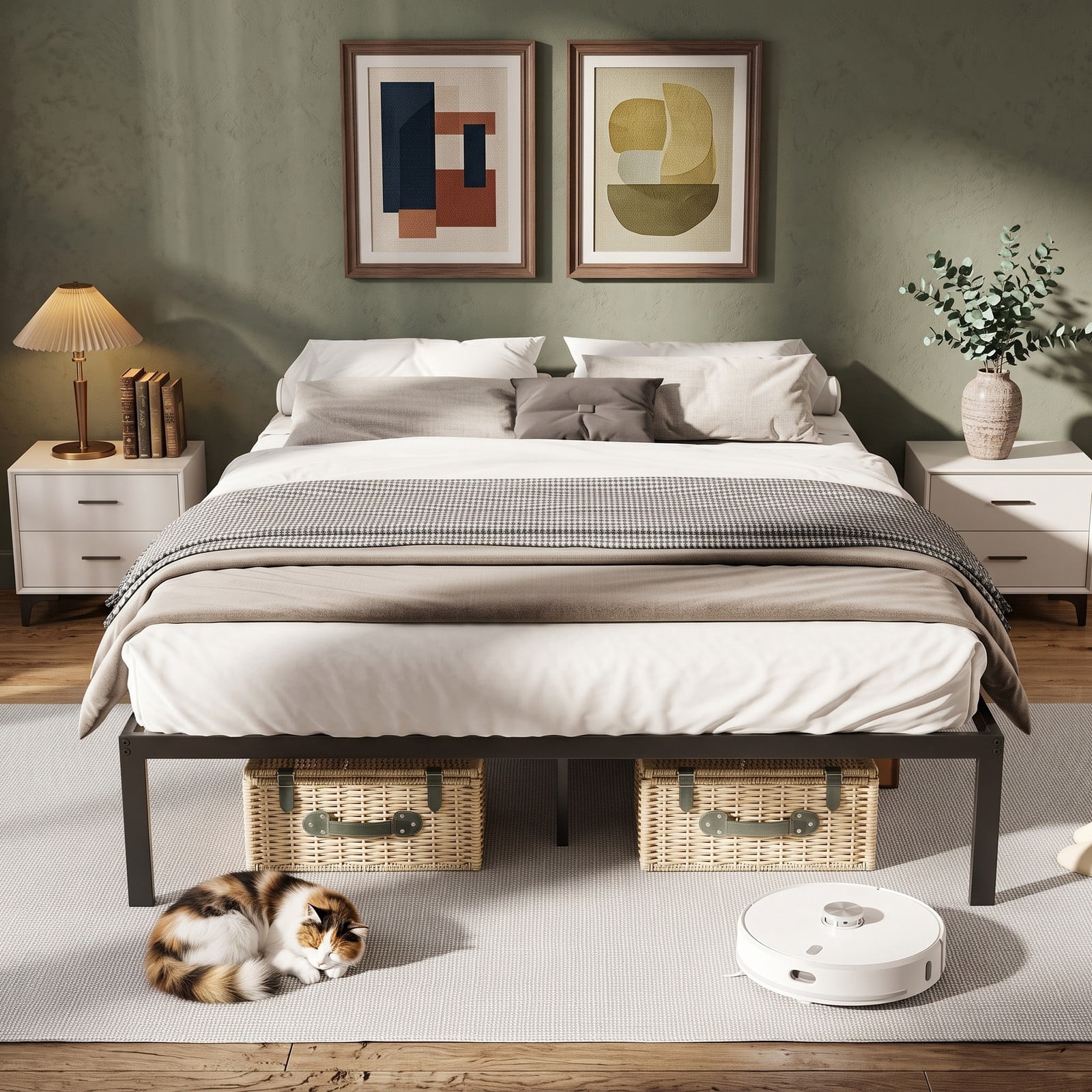 Furnibear Queen Bed Frame Metal Platform Bed with Heavy Duty Slat Support and Extra Center Legs for Bedroom, Black