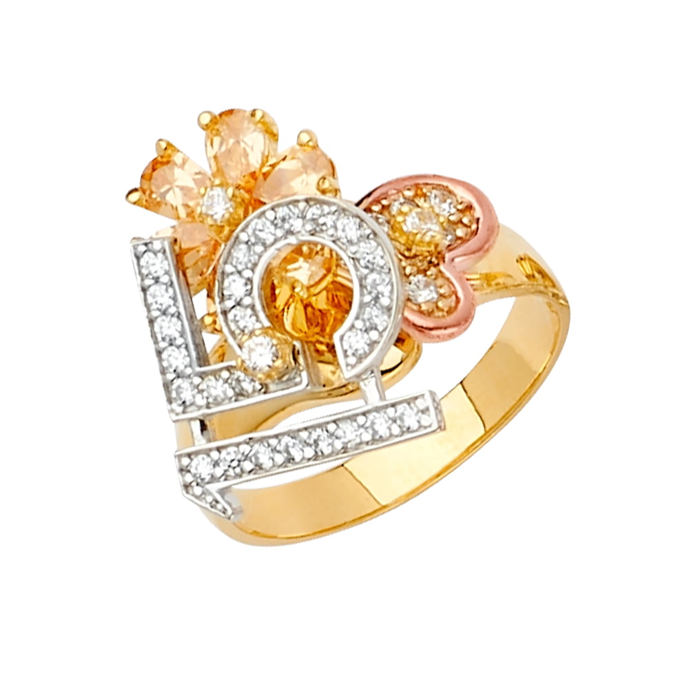 5 Jewel Tie Solid 14k Yellow Gold 15 Years Birthday Heart Quince Anos Ring Size