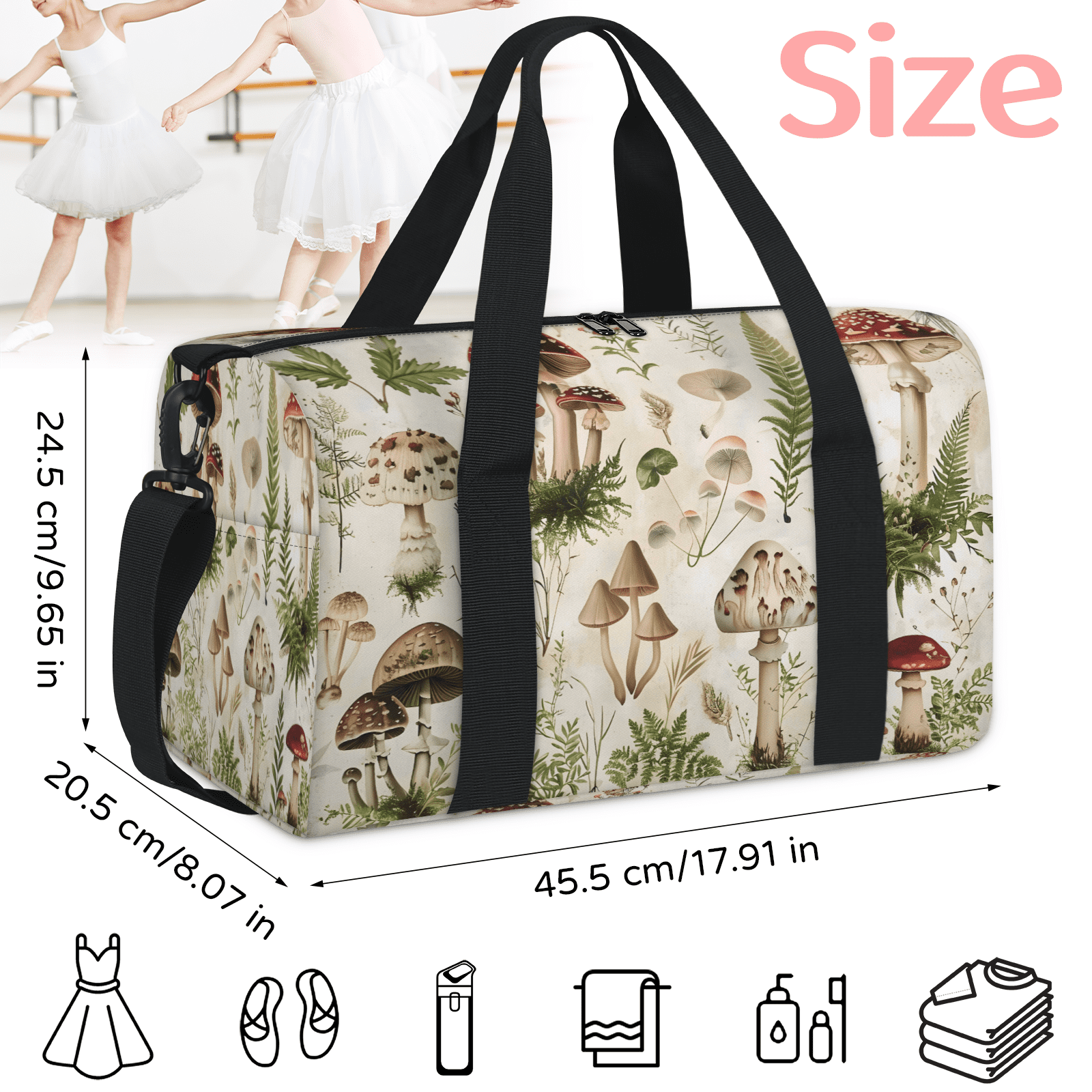 Herdesigns Mushroom Plants Ferns Gym Bag for Women, Duffle Bag for Travel Sport, Lightweight Waterproof Carry on Weekender Overnight Dance Yoga Workout Bags