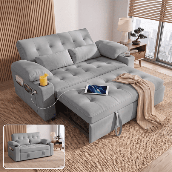 Xiweot Convertible Sleeper Sofa Bed, 58" Full Size Pull Out Couch with Cup Holders, Adjustable Backrest, USB Ports & Side Pockets, Towel Fabric Sleeper Loveseat for Living Room Apartment (Light Gray)