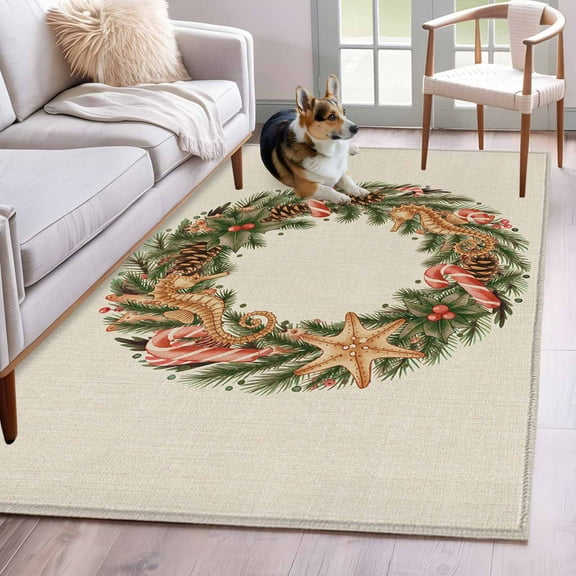 Christmas Nautical Area Rug 4x6 Washable Rug Non Slip Winter Coastal Pine Seahorse Starfish Large Area Rug Indoor Floor Carpet for Entryway Bedroom Kitchen Living Room Home Office Dining Room Nursery