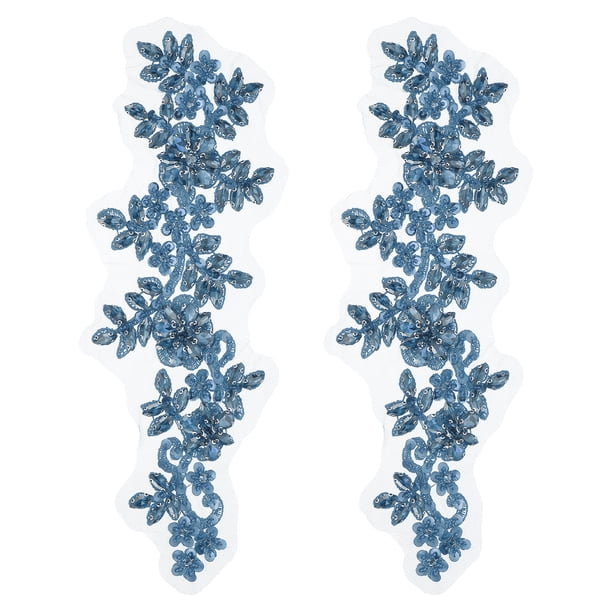 Uxcell 2Pack Parches de Aplique de Strass, 13x4Pulgadas Parches de Bordado de Encaje Azul Claro Coser en Strass Cuentas para Hacer Vestidos Decoración de Banquete de Boda y Noche