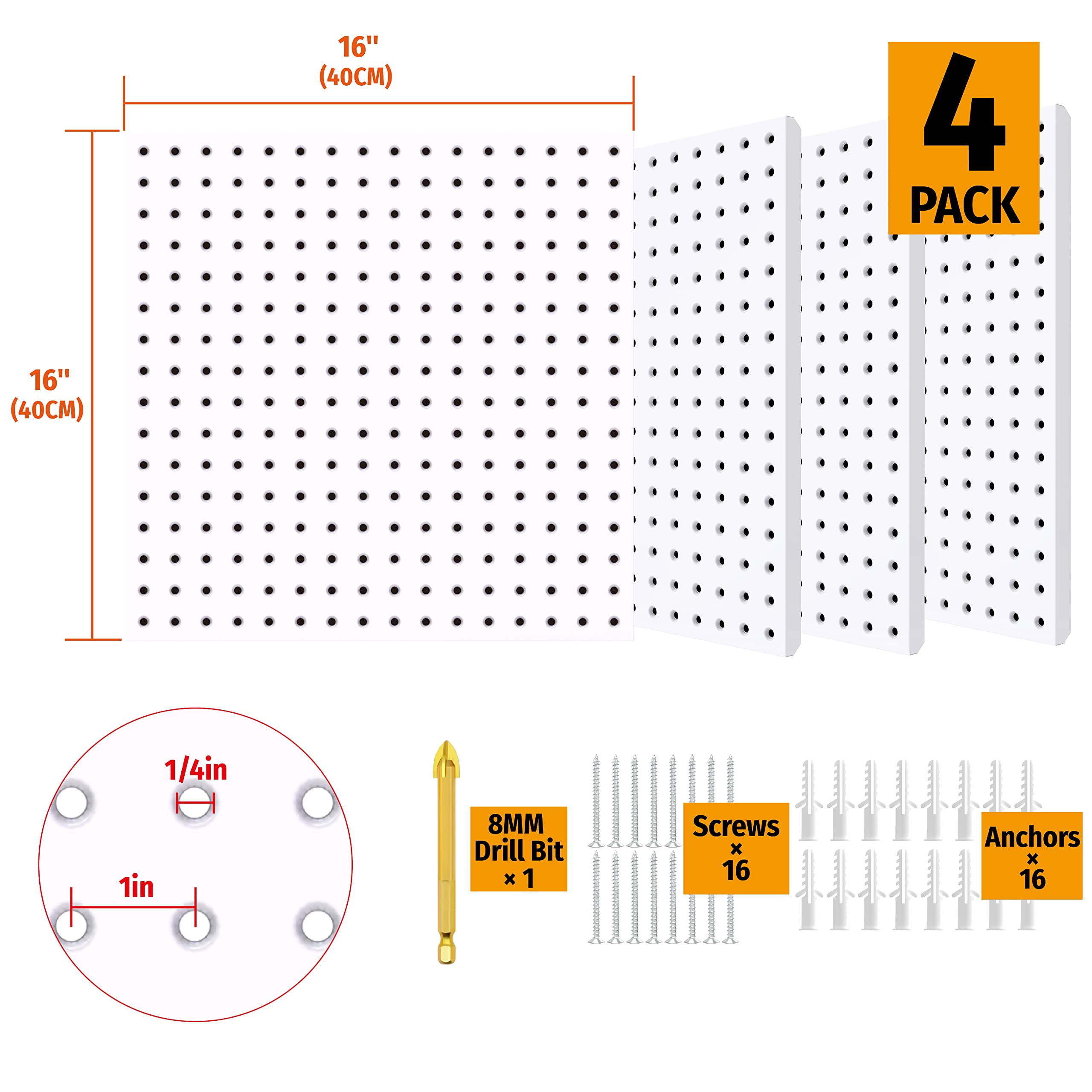 HUHOLE White Pegboard Organizer 4PC, 32-inch X 32-inch Metal Peg Board, Powder-Coated