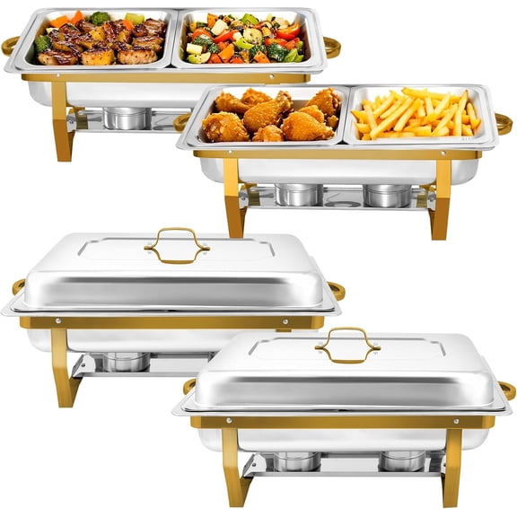 XYJBHB Chafing Dish Buffet Set, 8QT Foldable Buffet Server Food Warmer, Rectangular Stainless Steel Catering Supplies for Party Banquet Catering, Gold, Half Size, 4 Pack
