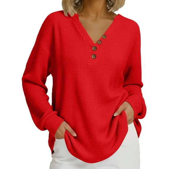 Womens Waffle Spring Clothes, Long Sleeve Pullover for Women Fall Fashion Loose Fit Solid Color V Neck Sweatshirts with Buttons Plus Size