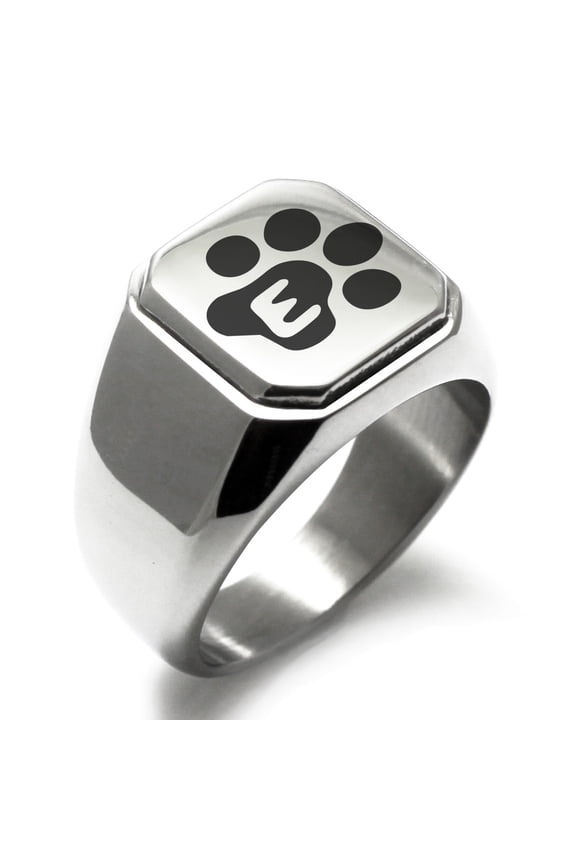 Stainless Steel Letter E Initial Cat Dog Paws Monogram Engraved Engraved Square Flat Top Biker Style Polished Signet Ring
