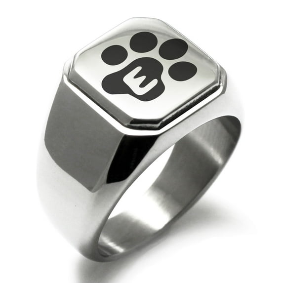 Stainless Steel Letter E Initial Cat Dog Paws Monogram Engraved Engraved Square Flat Top Biker Style Polished Signet Ring
