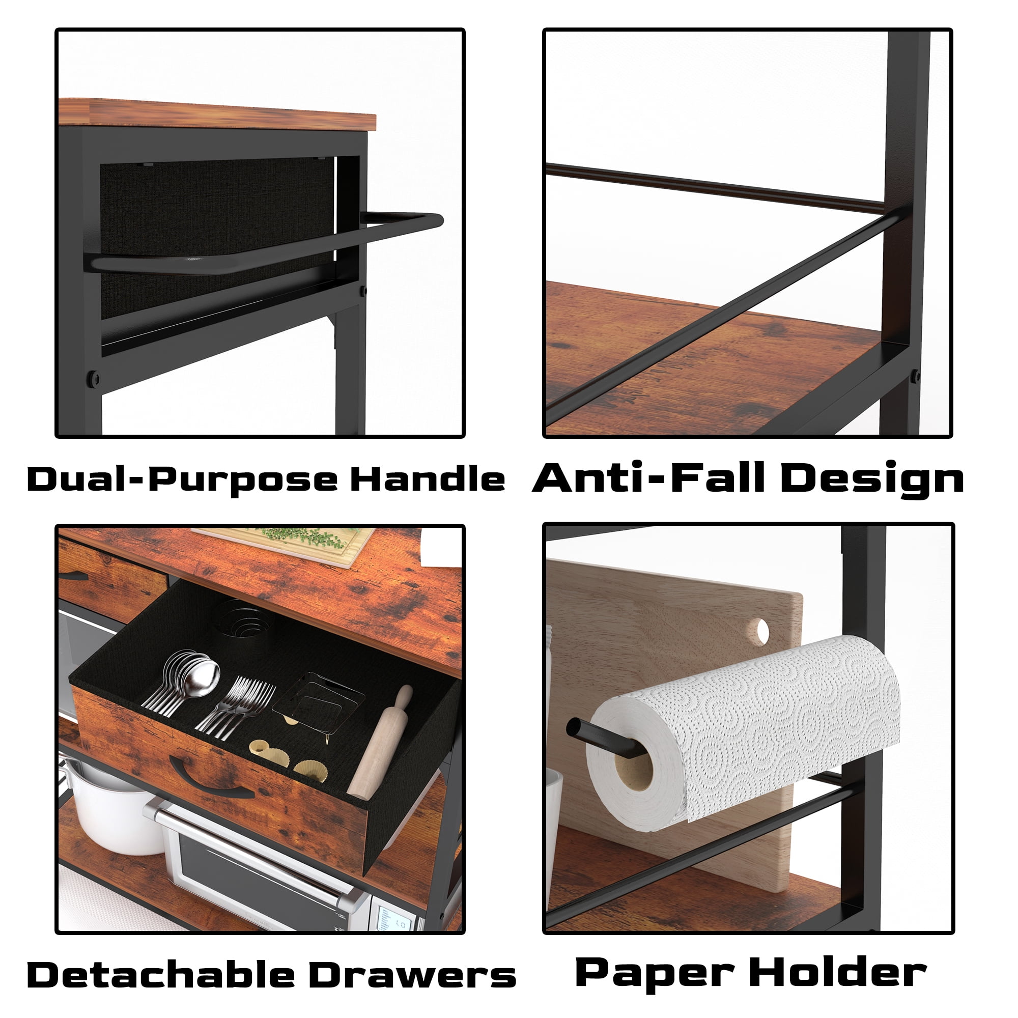 Chnnmbrn Wood Kitchen Island Brown Rolling Cart with Power Outlet Microwave rack