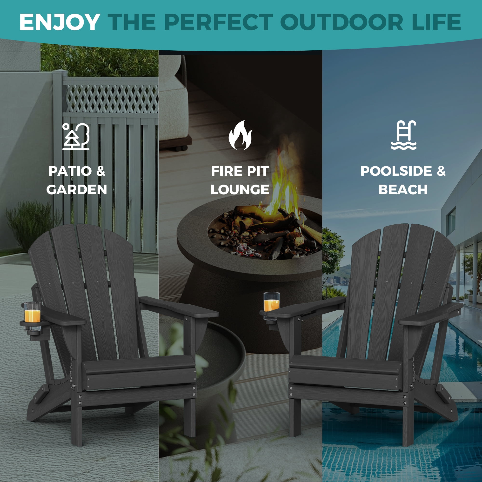 Folding Adirondack Chair, Heavy Duty HDPE Plastic Fire Pit Patio Chair, Black