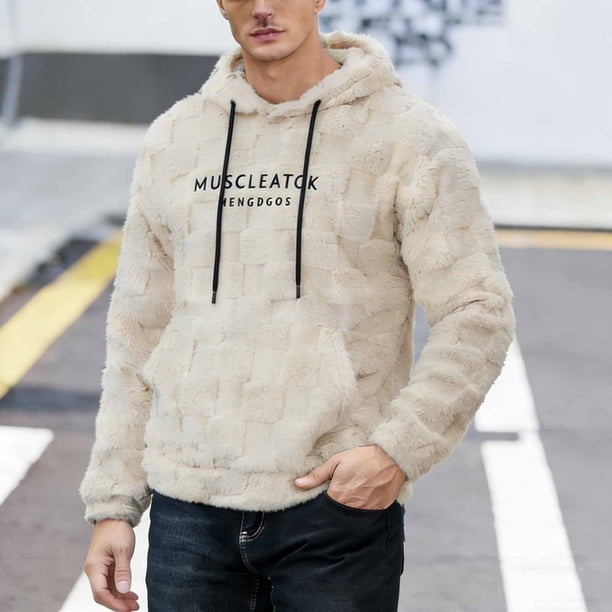 Ceisia Men's Oversize Hooded Checkered Plush Letter-Printed Polyester Sweatshirt Gift