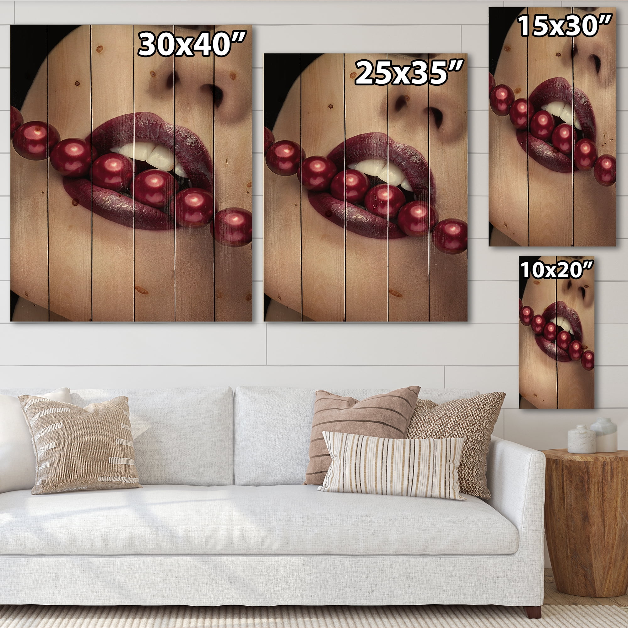 Designart 'Girl Bitting With Red Lips With Red Pearls' Modern Print on Natural Pine Wood