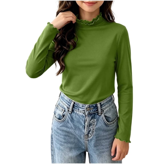 KyCheLot Girls Knitted Tops Solid Color Long Sleeve Turtleneck Schoolwear Lightweight Travel Ruffle Clothes