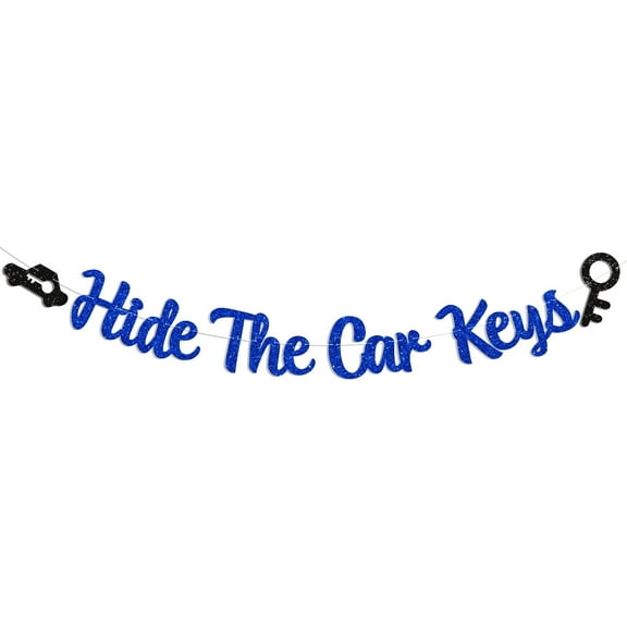 Hide The Car Keys Banner - 15th and 16th Funny Birthday Party Decorations for Boys Girls 16 Year Old, Sweet Sixteen, Cheers to 16 Years Supplies Gifts Ideas Blue Glitter