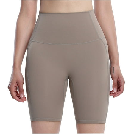 DeHolifer Women s Yoga Shorts High Waist Tummy Control Solid Color Casual Sports Gym Shorts with Pocket Brown S