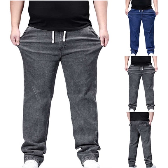 RongHuan Big and Tall Jeans for Men Elastic Waist Pull On Denim Pants Drawstring Straight Leg Loose Trousers Streetwear Jean