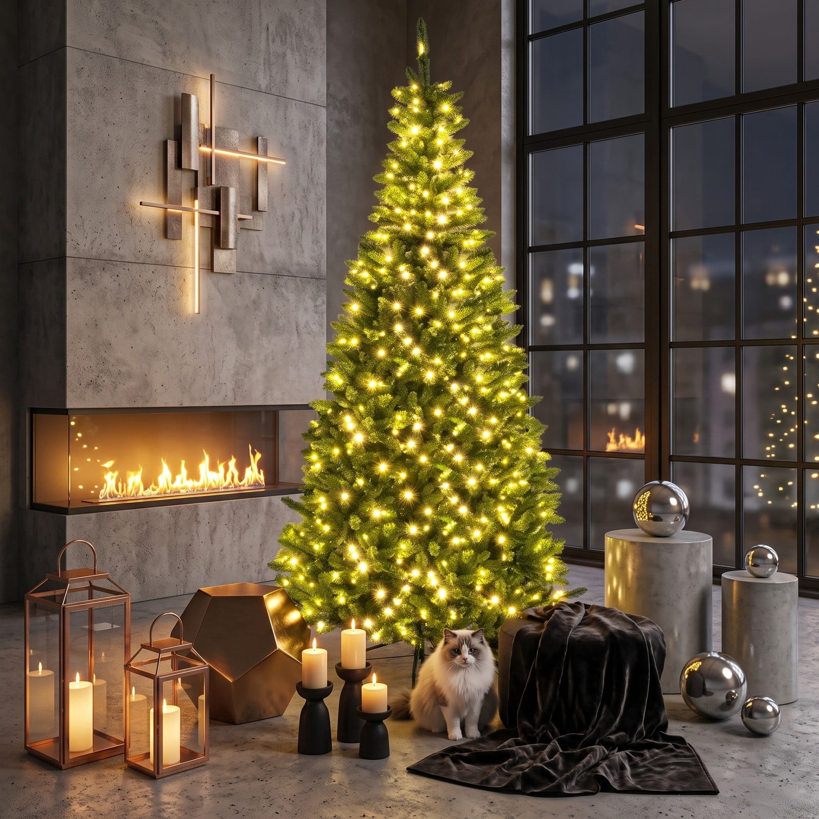 RUIE 8 FT Corner Artificial Christmas Tree, 1137 Branch Tips 360 Warm White LED Lights, Space-Saving 270 Degree Pre-Lit Hinged Xmas Tree with Metal Stand for, Green