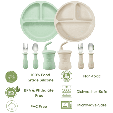 PandaEar Silicone Baby Feeding Set | 2 Silicone Divided Suction Plate and 2 Toddler Cup with 4 Silicone Stainless Spoons & Forks| BLW Supplies Self Feeding Eating Utensils (Sea Mist/Bone)