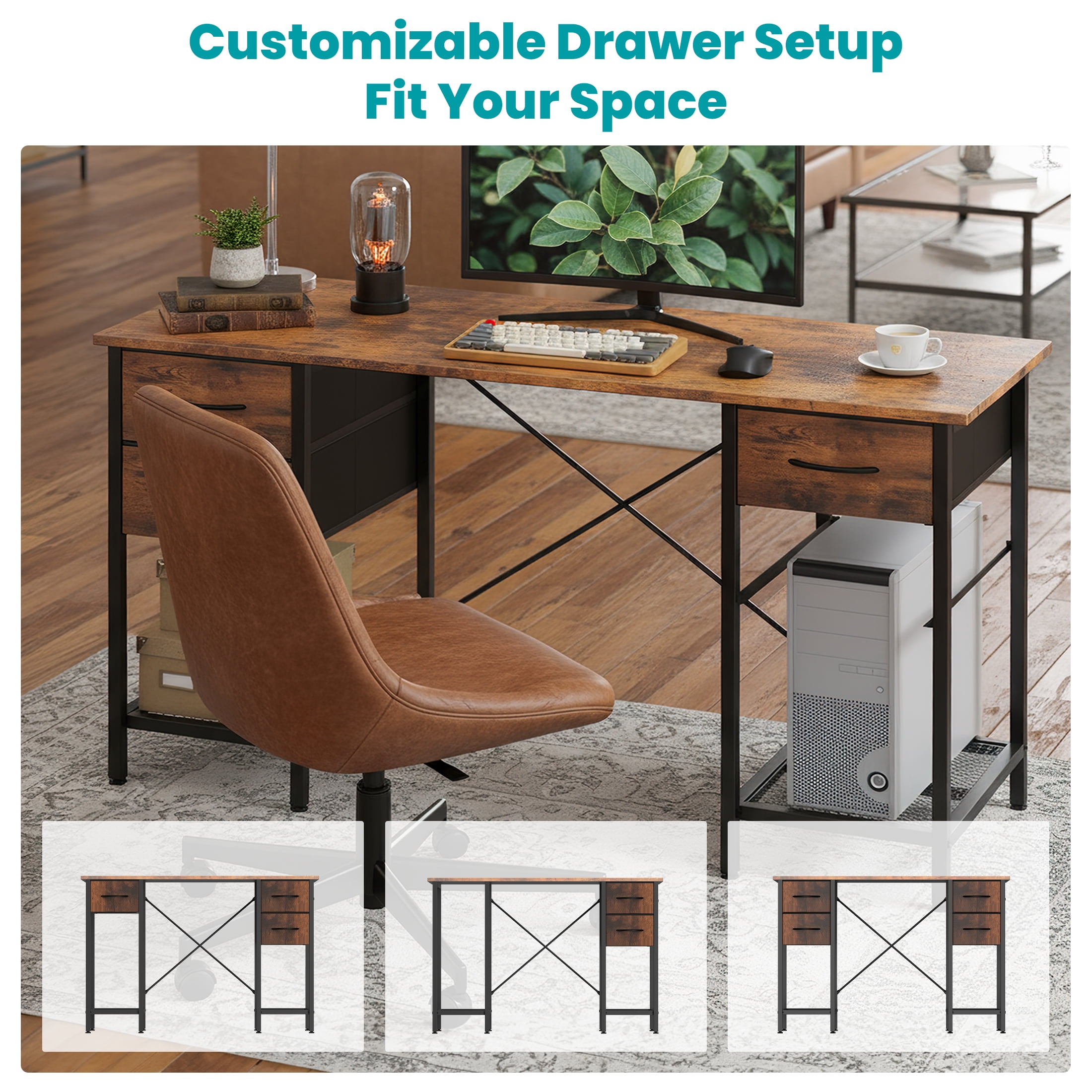EDX 55 Inch Computer Desk with 4 Drawers, Office Desk with Mesh Shelf, Gaming Desk, Writing Work Desk , Large Storage, Rust