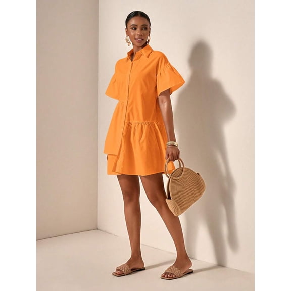 Orange Solid Front Button Ruffle Hem Short Sleeve Shirt Dress For Women