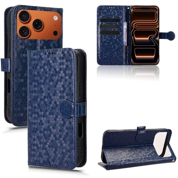 Polka Dot Wallet Case iPhone 17 Pro Max Card Slots, Wrist Strap & Stand Blue