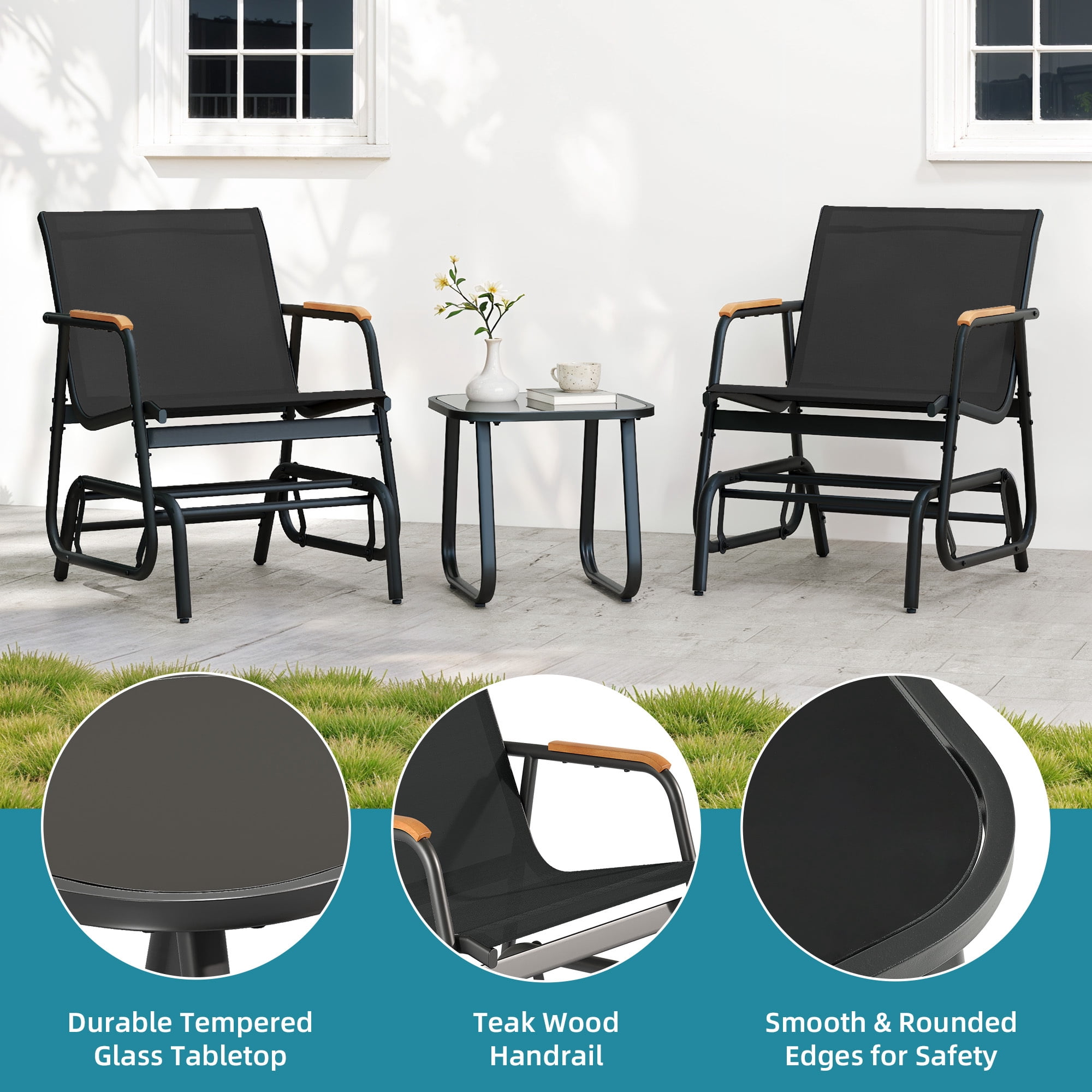 Uforic 3-Piece Patio Furniture Set, Outdoor Textilene Glider Bistro Set with 2 Glider Chairs & Tempered Glass Coffee Table, Heavy Duty Outdoor Seating Set for Backyard, Garden, Balcony, Black