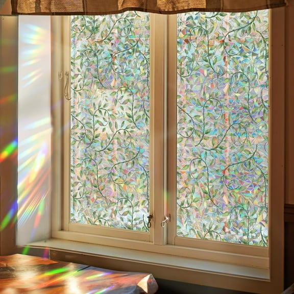 39.4x17 Inch Leaves Vine Rainbow Window Privacy Film Large 3D Sun Blocking Stained Window Glass Decorative Window Cling Non-Adhesive Static UV Decals Reusable Sticker for Room Home Green