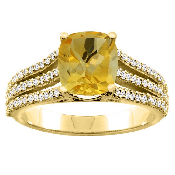 14K Yellow Gold Diamond Natural Citrine Tri-split Ring Cushion-cut 8x6mm, size 8.5
