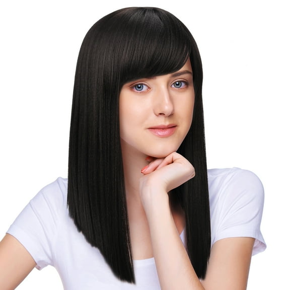 Silky Straight Synthetic Black Wig with Bangs for Women,Heat Resistant Natural Looking Long Hair Full Head Wig for Ameri